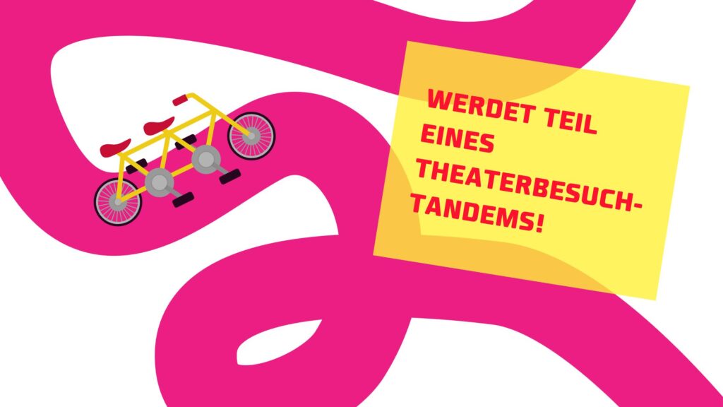 Auf der magentafarbenen Festivalschlange fährt ein Tandem und auf einem gelben Aufkleber steht: Werde Teil eines Tandems!